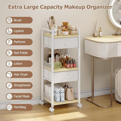 Flycity Makeup Organizer Cart with Drawers, 5 Tier Rolling Makeup Cart, Floor Skincare Organizers, Vanity Organizer Storage with Wheels Cosmetic Display Cases for Skin Care Perfume Nail Polish, White