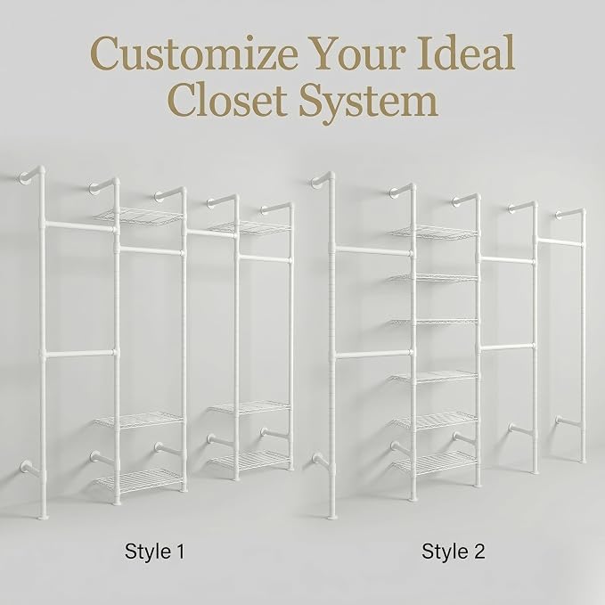 F4 Wall Mounted Closet System, Industrial Pipe Clothing Rack for Hanging Clothes, Heavy Duty Closet Organizer System, Clothes Racks with Shelves & Expandable Rod for Wardrobe, Corner, White
