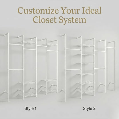 F4 Wall Mounted Closet System, Industrial Pipe Clothing Rack for Hanging Clothes, Heavy Duty Closet Organizer System, Clothes Racks with Shelves & Expandable Rod for Wardrobe, Corner, White