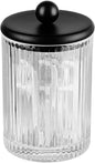 SheeChung 1-Pack Black Ribbed Glass Qtip Holder - Apothecary Jar Bathroom Organizer with Metal Lid - Small Vanity Canister for Cotton Swabs, Rounds, Floss Picks - Modern Luxury Decor