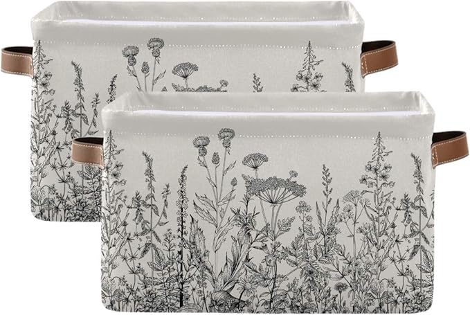 Black and White Flowers Storage Baskets,Decorative Collapsible Rectangular Canvas Fabric Storage Bin for Home, 2PACK