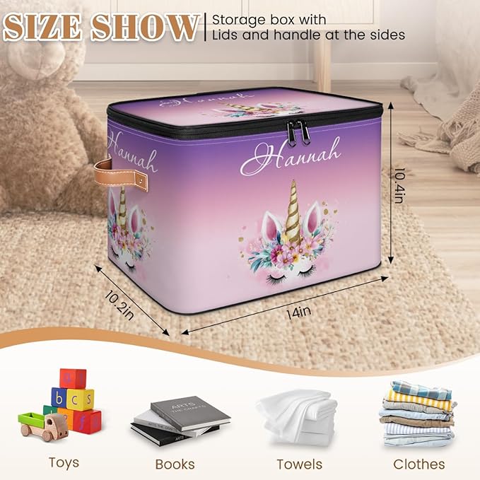Custom Unicorns Storage Bins with Lid, Foldable Personalized Storage Basket Boxes with Handle Shelf Basket Closet Organizer Cube