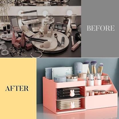 Makeup Organizer, Cosmetic Desk Storage Box with Drawers Skincare Organizers for Dressing Table, Countertop, Bathroom Counter, Vanity Holder for Brushes, Lotions, Lipstick, Perfume (Pink-Clear)