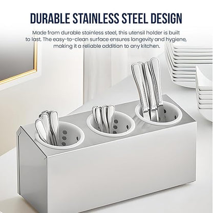 OCS Parts 3-Compartment Silverware Display Holder | White Cylinders | Stainless Steel Kitchen Caddy Utensil Holder with Perforated Cylinders for Home Kitchens, Restaurants, and Buffets