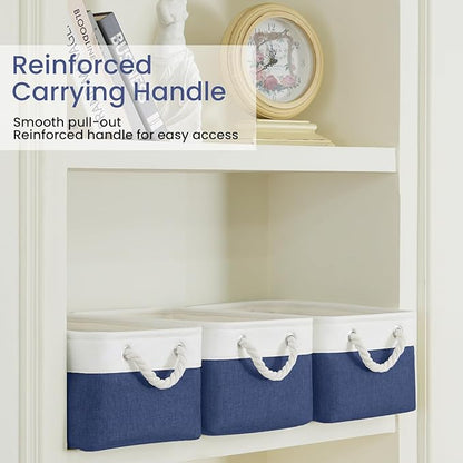 Storage Baskets for Shelves 13.8x9.8x6.7 Inch, Foldable Fabric Storage Bins with Handles, Small Storage Baskets for Organizing Closet, Office, Home Organization (6-Pack, White&Blue)