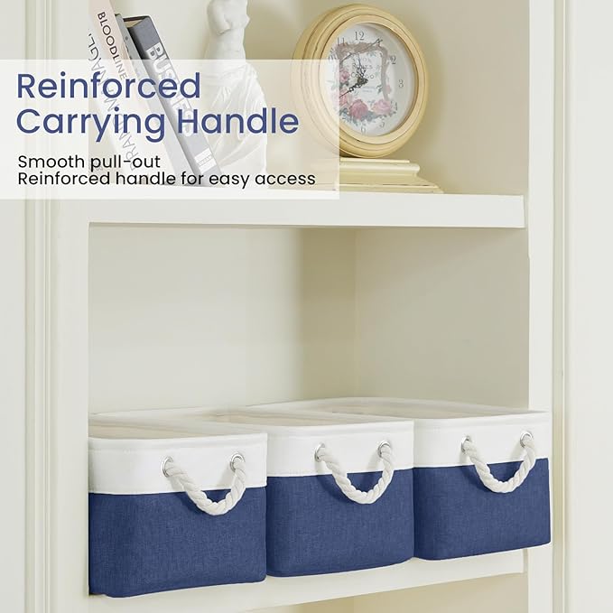 Storage Baskets for Shelves 13.8x9.8x6.7 Inch, Foldable Fabric Storage Bins with Handles, Small Storage Baskets for Organizing Closet, Office, Home Organization (3-Pack, White&Blue)