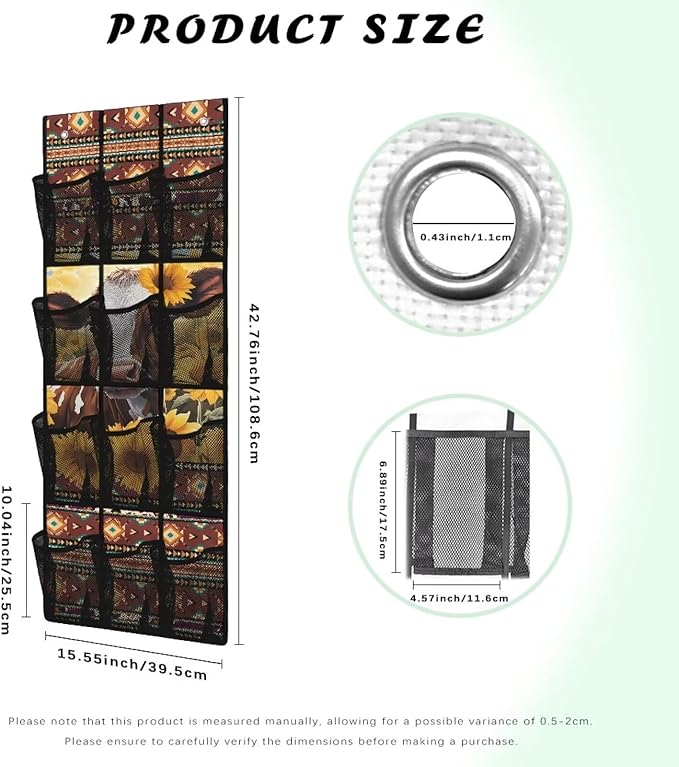 12-Pocket Over the Door Organizer, Transparent Mesh Compartments for Instant Visibility, Space-Saving Bathroom & Closet Storage,Aztec Cow