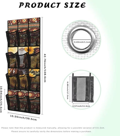 12-Pocket Over the Door Organizer, Transparent Mesh Compartments for Instant Visibility, Space-Saving Bathroom & Closet Storage,Aztec Cow