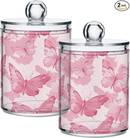 2 Pack Pink Butterflies Apothecary Jars with Lid, Qtip Holder Storage Containers for Cotton Ball, Swabs, Pads, Clear Plastic Canisters for Bathroom Vanity Organization (10 Oz)