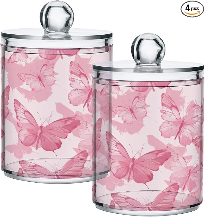 4 Pack Pink Butterflies Apothecary Jars with Lid, Qtip Holder Storage Containers for Cotton Ball, Swabs, Pads, Clear Plastic Canisters for Bathroom Vanity Organization (10 Oz)