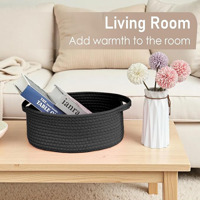 JMvicyroam Woven Basket,Small Rope Storage Bin with Handles & Ribbon Bag, Organizer for Shelves Closets,Gift Basket Empty for Birthday,Books,Dog Toys, Black/3 Pack