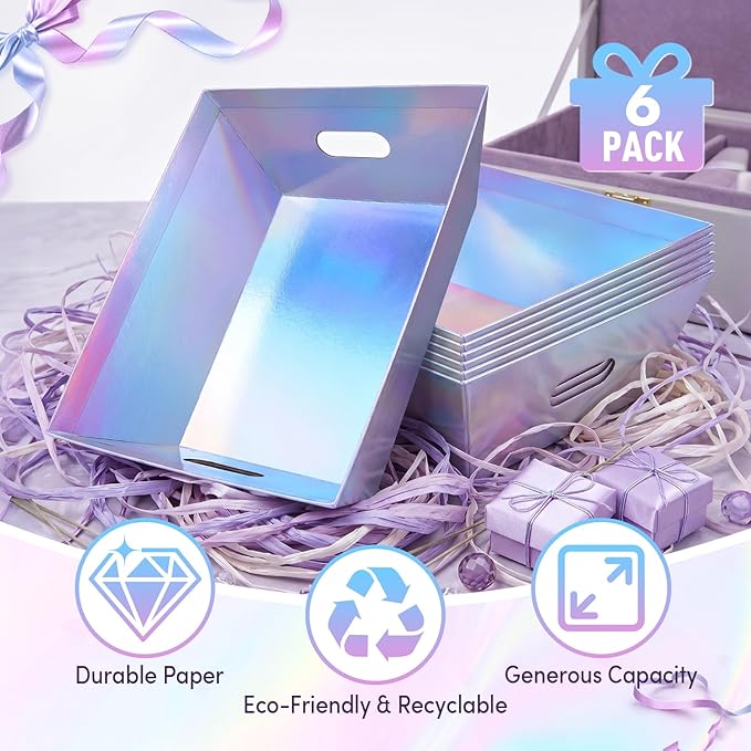 AFOROEOA 6PACK Laser Baskets for Gifts Empty, 12x10x4” Holographic Iridescent Gift Basket Kit with 6 Bows & 6 Bags - Kraft Empty Gift Baskets for Christmas, Weddings, Birthdays, Holiday Gifting Hampers