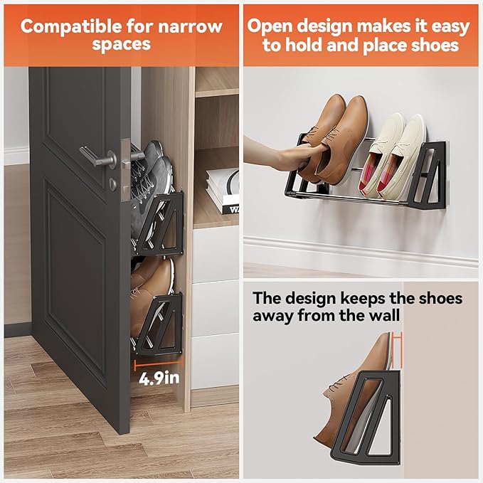 Wall Mounted Shoe Rack, 3 Pack Wall Shoe Rack Holds 6 pairs of shoes with Sticky Adhesive Strips, shoe organizer Space Saving Slim Organizer Racks Wall Mount Shoe Storage for Camper shoe hanger Black