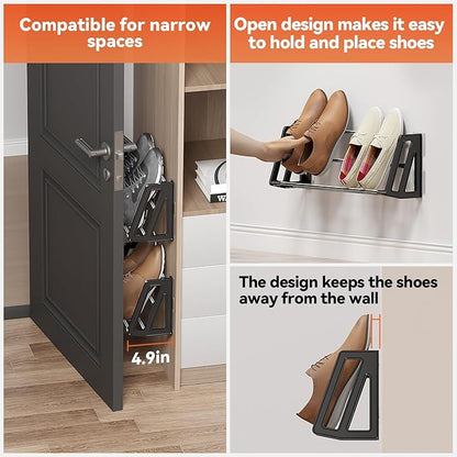 Wall Mounted Shoe Rack, 3 Pack Wall Shoe Rack Holds 6 pairs of shoes with Sticky Adhesive Strips, shoe organizer Space Saving Slim Organizer Racks Wall Mount Shoe Storage for Camper shoe hanger Black