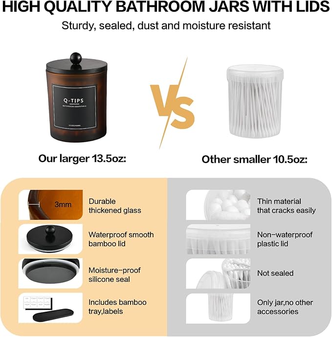 3 Pack Qtip Holder Bathroom Set,Cotton Ball Swab Pad Holder Cotton Round Floss Pick Dispenser with Tray,Glass Apothecary Jars with Lids,Bathroom Organizers and Storage Canisters-Amber