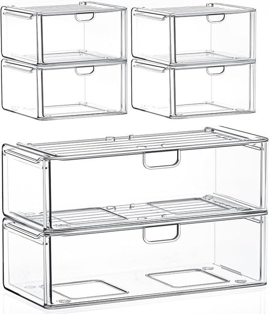 caktraie Acrylic Stackable Storage Drawers Set of 6, Clear Plastic Storage Drawer Organzier, Storage Organizer, Makeup Organizer,Ideal for Vanity, Bathroom,Cabinet,Pantry Organization