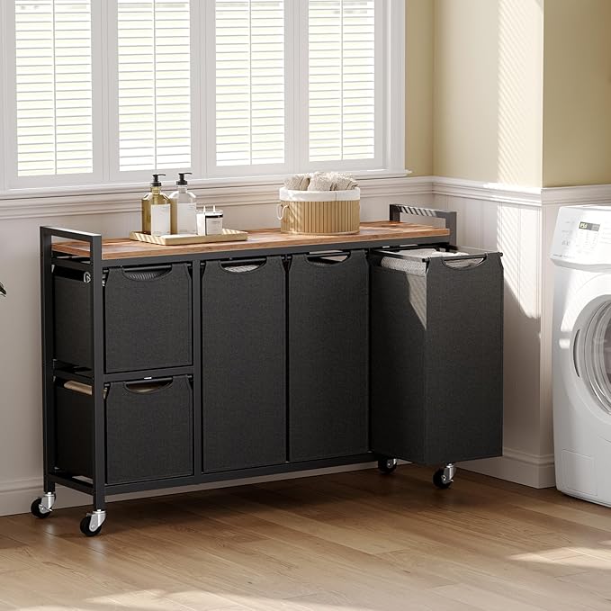 HOOBRO Laundry Sorter with 5 Sections, 45.5 Gal. (170 L) Laundry Hamper with Wheels and Shelf, Large Capacity, Laundry Basket with Removable Bags, 44.1"L x 11.8"W x 31.5"H, Rustic Brown, BF26XY01