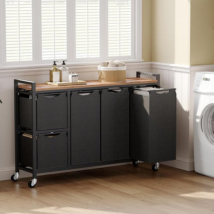 HOOBRO Laundry Sorter with 5 Sections, 45.5 Gal. (170 L) Laundry Hamper with Wheels and Shelf, Large Capacity, Laundry Basket with Removable Bags, 44.1"L x 11.8"W x 31.5"H, Rustic Brown, BF26XY01