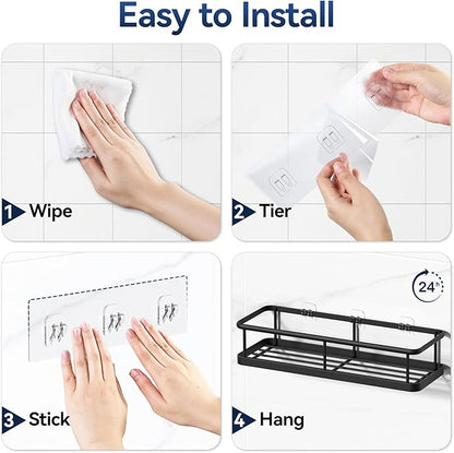 YASONIC Shower Caddy Adhesive, No Drill Bathroom Shower Organizers, with Removable Hooks and Soap Holder, Rust Proof Shower Shelves, Wall-Mounted Shower Holder, 3 Pack, Black