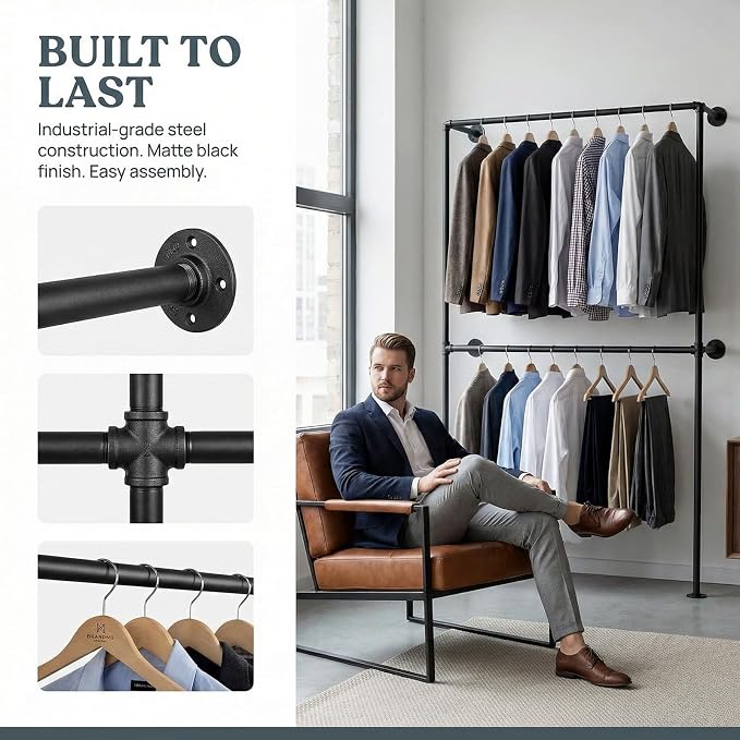 Industrial Pipe Clothing Rack Wall Mounted Garment Rack, Black Pipe Clothes Rack Retail Display Hanging Rod for Closet Storage, Laundry Room