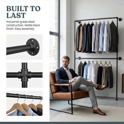 Industrial Pipe Clothing Rack Wall Mounted Garment Rack, Black Pipe Clothes Rack Retail Display Hanging Rod for Closet Storage, Laundry Room