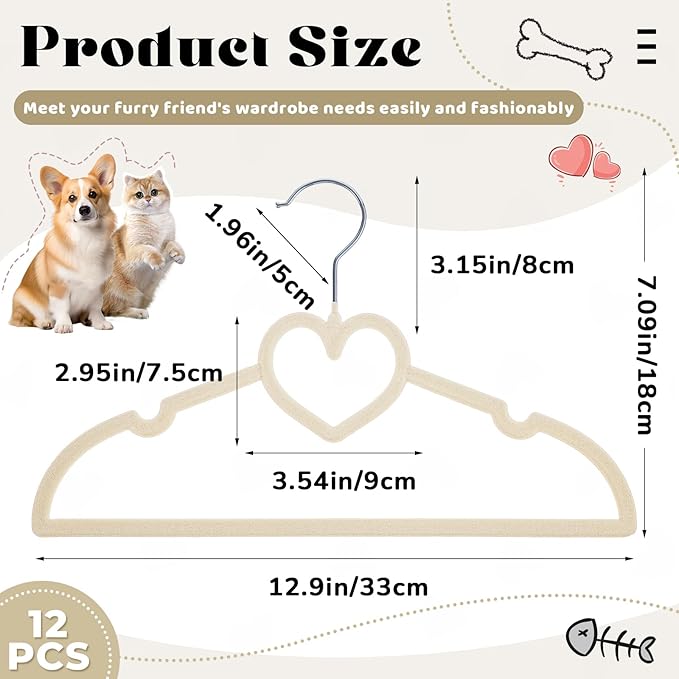 24 Pcs Beige Dog Clothes Hangers 13'' Non-Slip & 360° Swivel Pink Velvet Pet Hangers for Dogs and Cats Rustproof Metal Hooks, Space-Saving for Home Storage & Grooming Salons