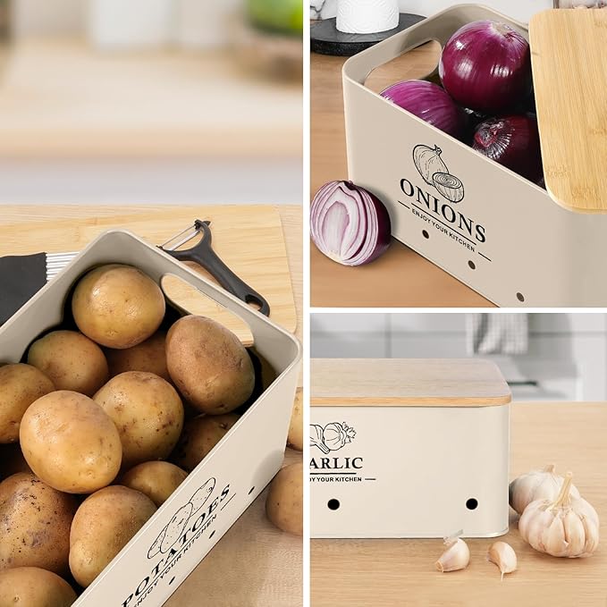 Kitchen Vegetable Storage Set of 3, Metal Onion Garlic Potato Storage Set, Kitchen Canisters Vegetable Keeper Containers with Aerating Holes and Wooden Lid (Beige)