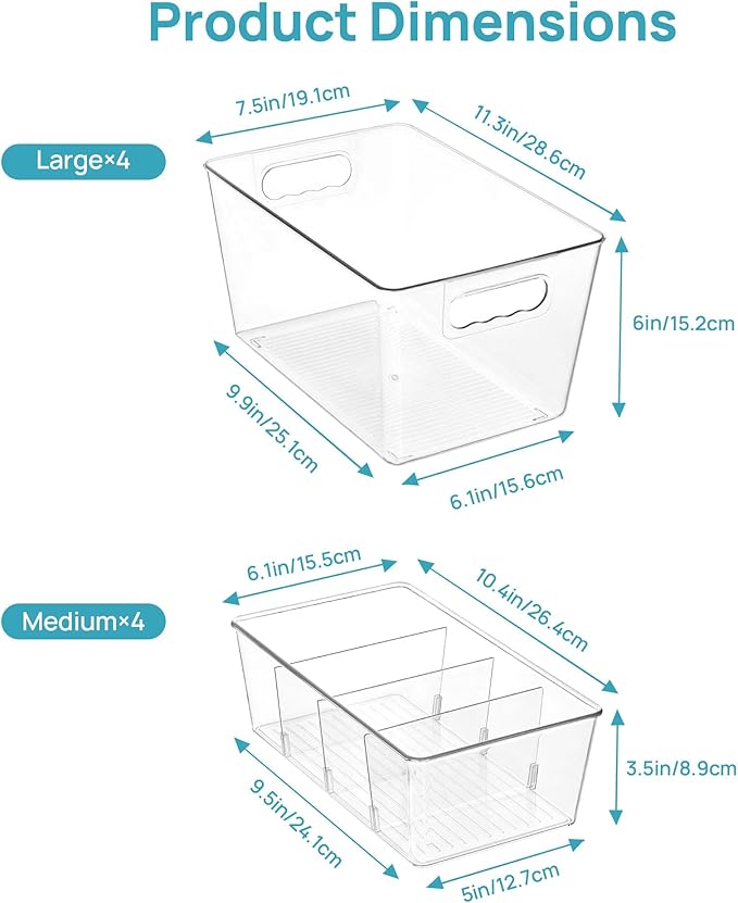 Vtopmart 8 Pack Clear Plastic Storage Bins Set, 4 Large Pantry Organizer Bins with Handle and 4 Medium Snack Organizer Bins with 4-Compartment for Pantry, Kitchen, Fridge, Cabinet Organization