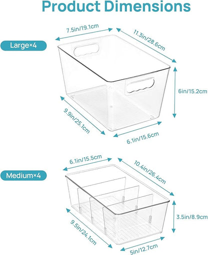 Vtopmart 8 Pack Clear Plastic Storage Bins Set, 4 Large Pantry Organizer Bins with Handle and 4 Medium Snack Organizer Bins with 4-Compartment for Pantry, Kitchen, Fridge, Cabinet Organization