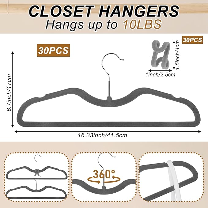Pants Hangers Non Slip, 30 Pack Velvet Hangers for Closet with 30 Hooks, Slimline Space Saving Pants Hanger, Strong Durable Space Saving Flocked Hangaers for Pants/Shirts/Bra/Shorts (Grey-M-Shape)
