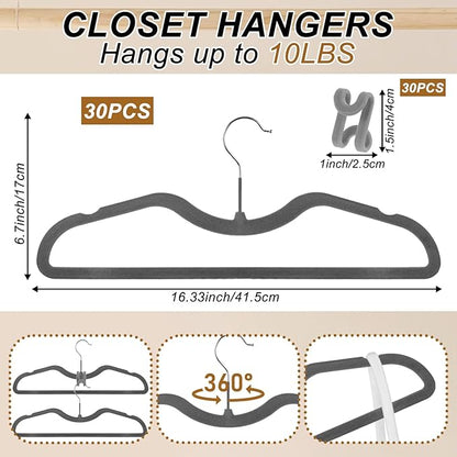Pants Hangers Non Slip, 30 Pack Velvet Hangers for Closet with 30 Hooks, Slimline Space Saving Pants Hanger, Strong Durable Space Saving Flocked Hangaers for Pants/Shirts/Bra/Shorts (Grey-M-Shape)