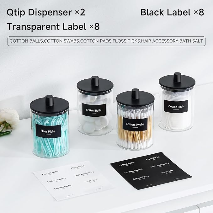 TIPGO Glass Qtip Holder Dispenser - 10 oz Clear Canister Apothecary Jar, Bathroom Vanity Storage Organizer Set for Cotton Swabs, Pads, Floss Picks, Small Containers for Makeup Storage (2 Pack, Black)
