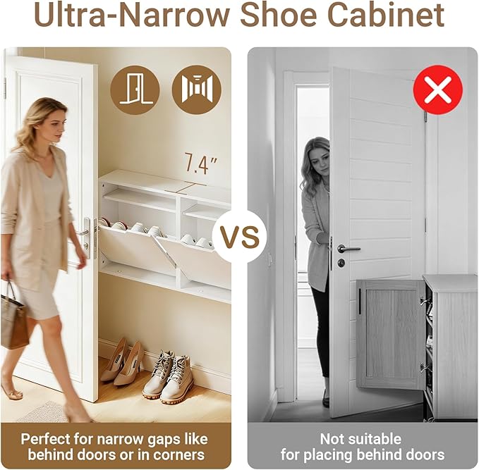Haotian Wall Mounted Slim Shoe Cabinet for Entryway, Narrow Shoe Rack with 2 Flip Drawers, Hidden Shoe Storage Organizer, Vertical or Horizontal Mounting, Anti-Tip Design, White, FSR210-W