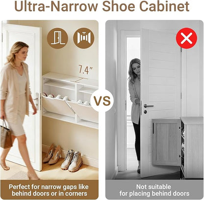 Haotian Wall Mounted Slim Shoe Cabinet for Entryway, Narrow Shoe Rack with 2 Flip Drawers, Hidden Shoe Storage Organizer, Vertical or Horizontal Mounting, Anti-Tip Design, White, FSR210-W