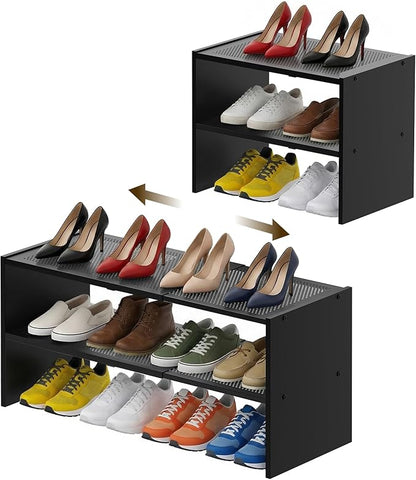 YATINEY Expandable Shoe Rack, 2-Tier Adjustable Entryway Shoe Organizer, Stackable Closet Shoe Rack for Small Space, Compact Shoe Shelf Storage for Garage Holds Up to 12 Pairs, Black SS03BB