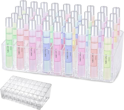 Rollerball Perfume Organizer, Beauty Scent Holder, 36 Space Clear Acrylic Perfume Organizer Refillable Container Tall Scented Oil Storage Display Case, Makeup Lipgloss Lipstick Display Case