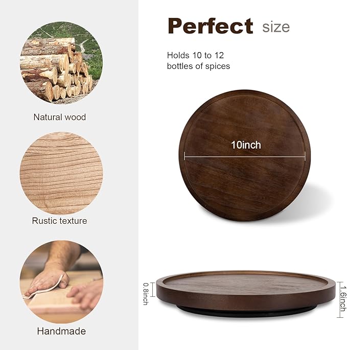 Wood Lazy Susan Organizer Kitchen Turntable for Cabinet Farmhouse Bathroom Decor Round Decorative Tray for Vanity, Counter, Sink, Coffee Table, 10 Inch, Walnut