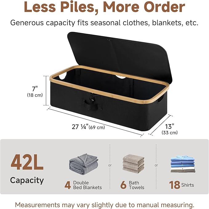 StorageWorks Underbed Storage Containers with Lids, 2-Pack 7" Low Profile Under Bed Storage Box with Bamboo Frame for Clothes, Bedding, Blankets and Shoes, 42L Sturdy Fabric Organizer, Black