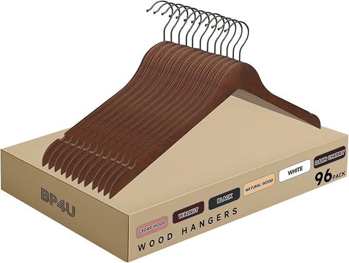 Premium Wooden Top Hangers, Heavy Duty Solid Wood Suit Hangers with 360° Swivel Hook & Anti-Slip Notches, Durable Clothes Hangers for Jackets, Coats, Shirts & Dresses(Walnut/96-Pack)