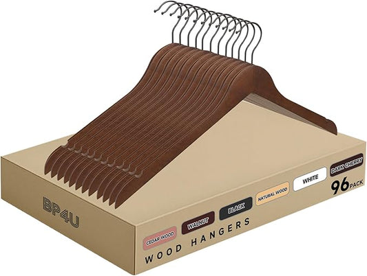 Premium Wooden Top Hangers, Heavy Duty Solid Wood Suit Hangers with 360° Swivel Hook & Anti-Slip Notches, Durable Clothes Hangers for Jackets, Coats, Shirts & Dresses(Walnut/96-Pack)