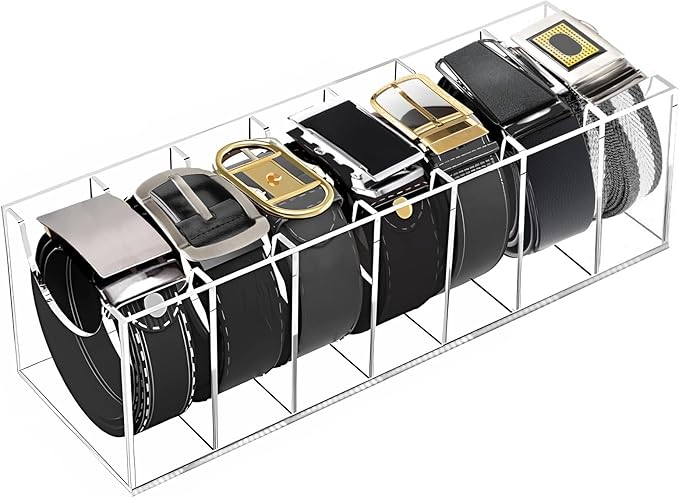 Belt Organizer for Closet, Acrylic Belt Organizer 7 Compartments Display Case for Tie and Bow Tie, Clear Belt Holder for Women Men Home