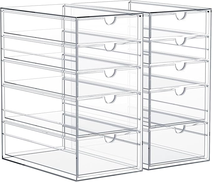 Sorbus Makeup Organizer With 10 Drawers, Acrylic Drawer Organizer for Makeup, Office Organization and Storage, Art Supplies, Jewelry, Stationary - 2 Pcs Clear Stackable Storage Bins Organizer Drawers