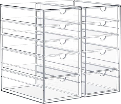 Sorbus Makeup Organizer With 10 Drawers, Acrylic Drawer Organizer for Makeup, Office Organization and Storage, Art Supplies, Jewelry, Stationary - 2 Pcs Clear Stackable Storage Bins Organizer Drawers