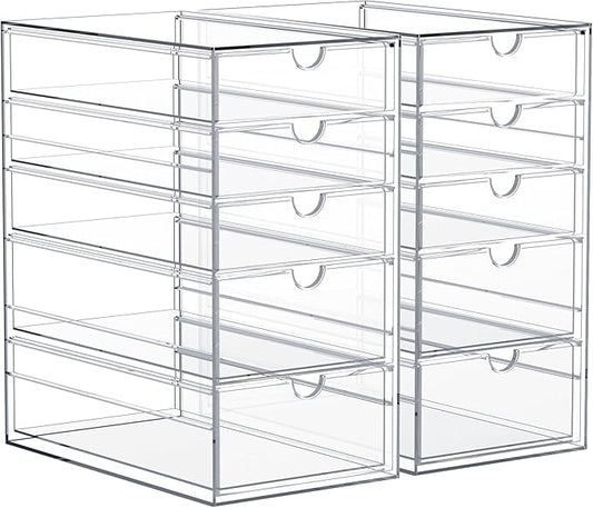 Sorbus Makeup Organizer With 10 Drawers, Acrylic Drawer Organizer for Makeup, Office Organization and Storage, Art Supplies, Jewelry, Stationary - 2 Pcs Clear Stackable Storage Bins Organizer Drawers