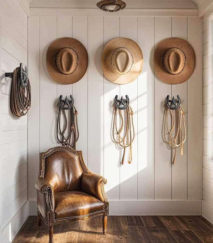 Cowboy Hat Organizer Wall Mount, 6 Pack Cowboy Hat Rack, Bridle Hook for Tack Room, Metal Horseshoe Hook, Horseshoe Decor, Western Hat Hook for Wall, Hat Holder for Entryway Closet, Western Gifts
