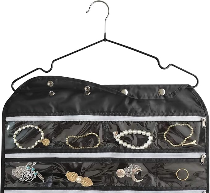 BB Brotrade Hanging Jewelry Organizer with Oxford Double Side 80 Zippered Storage Pocket (black)