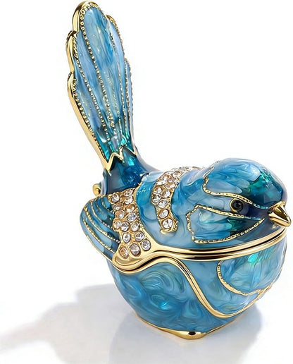 Blue Bird Trinket Box with Hinged Lid, Enamel Alloy Bird Figurines Jewelry Organizer, Hand Painted Bird Decor for Home Ring Holder Gift
