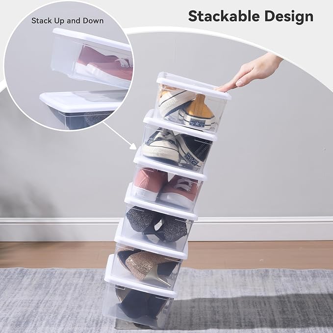 novelinks 8 Pack 6 Quart Clear Plastic Storage Bins with Lids, Stackable Shoe Boxes Plastic Storage Container, Organizer Bins for Shoes Organization (White)