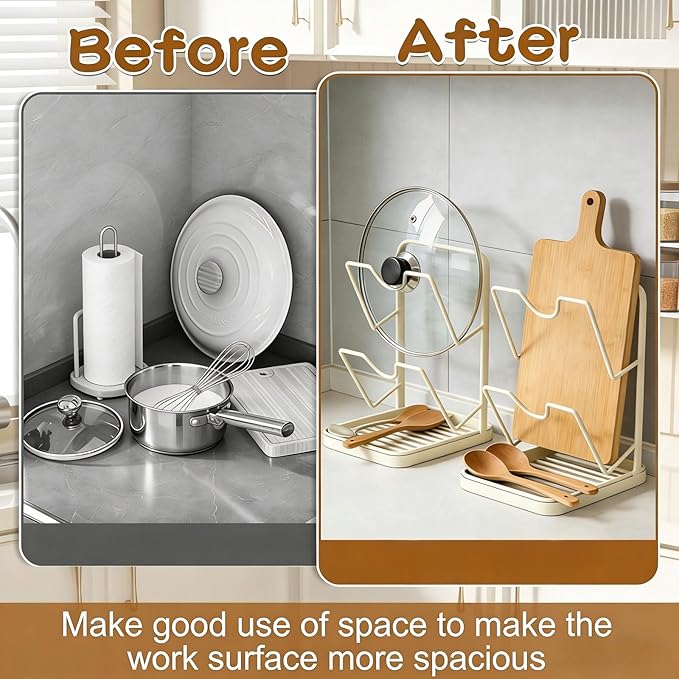 2 Tier Pot Lid Holder Rack for Kitchen Storage, Multifunctional Pan Lid Organizer for Countertop, Kitchen Spoon Rest with Lid Holder Rack for StoveTop White
