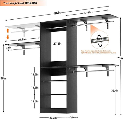 iSunirm 8FT Closet System with Shelves, 96'' Closet Organizer System with 3 Hanging Rods, Wall Mount Bedroom Wardrobe Walk-in Closet, Adjustable Cloth Garment Rack from 5 to 8FT (Cut to Fit), Black